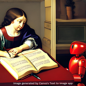 A student working with a robot to write a medieval disputatio generated by Canva