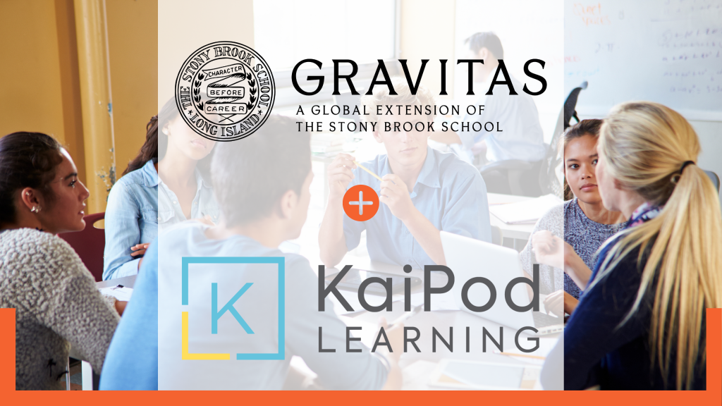 Students collaborating at a KaiPod Learning Center with Gravitas and KaiPod logos displayed.