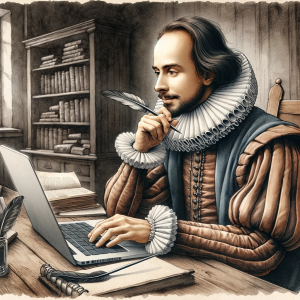 DALL-E 3 image of Shakespeare writing a sonnet on a laptop computer