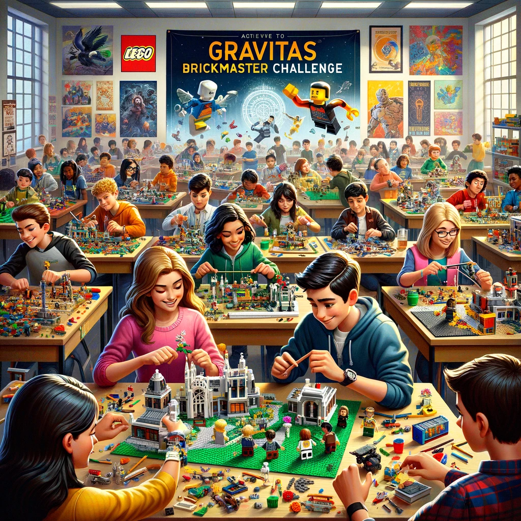 DALL-E 3 Created image depicting students participating in the Gravitas Brickmaster Challenge