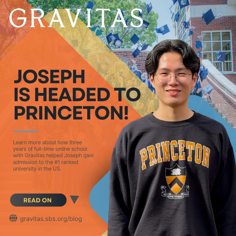 Joseph, a Gravitas three year senior shown wearing his Princeton University sweatshirt after receiving admission to Princeton University